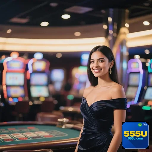 Imagem de um cassino com o logo 555u, destaque para jogos de azar e apostas, promovendo o site 555u