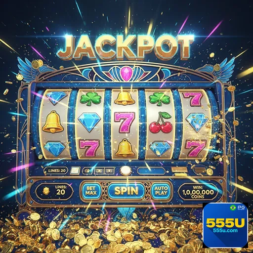 Imagem de uma máquina de Slots no site 555u, com cores vibrantes e iluminação chamativa
